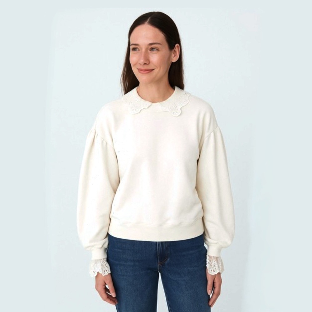 J. Crew French terry sweatshirt with eyelet lace collar-ivory- XS